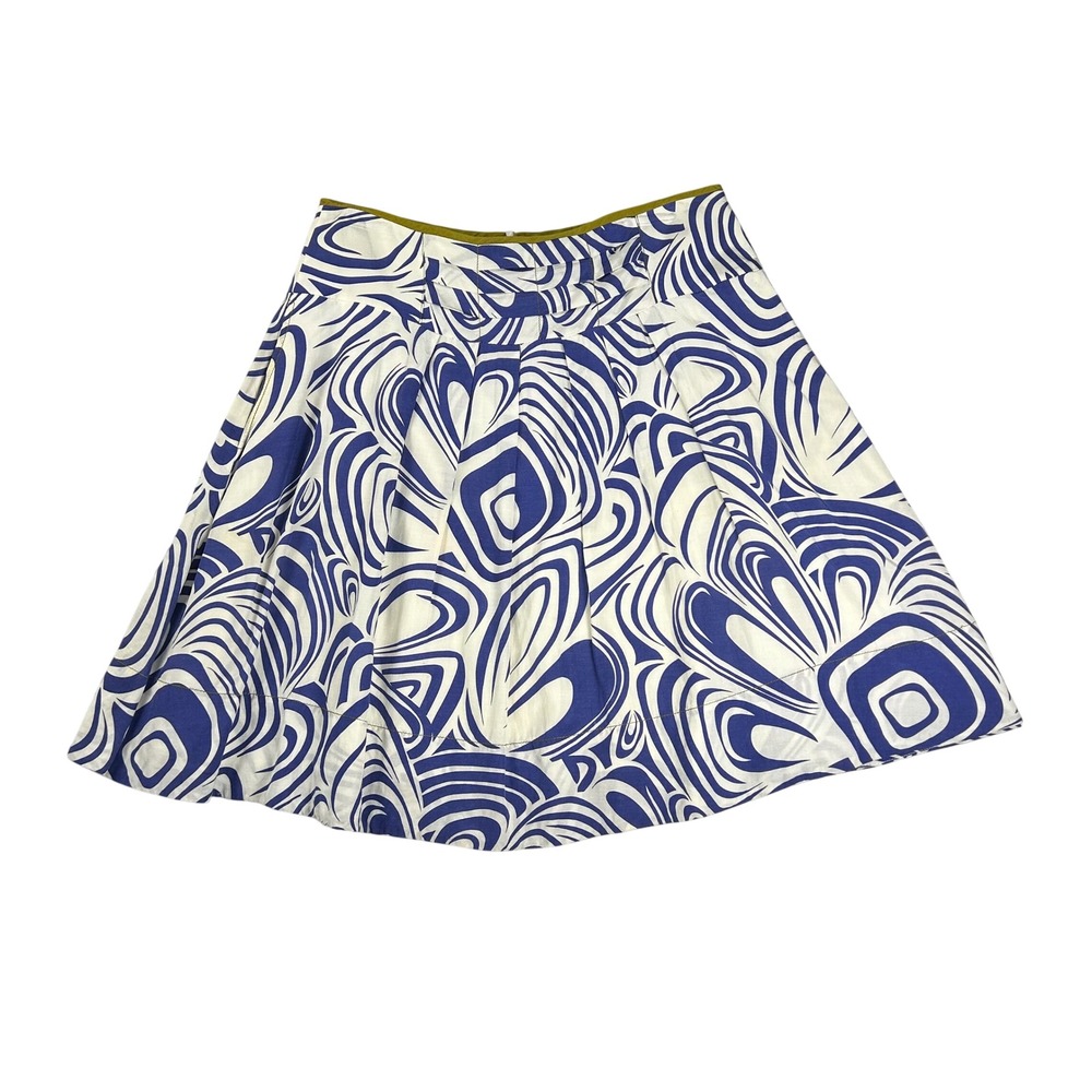 Cabi Blue White Abstract Swirl Print A-Line Skirt Olive Trim Style 470 Womens‎ 4